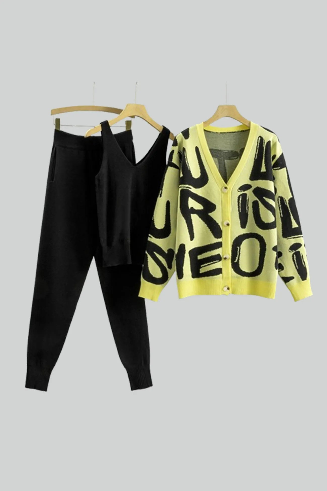 Maxct Letter Printed Cardigan Vest Long Pant Three Piece Set
