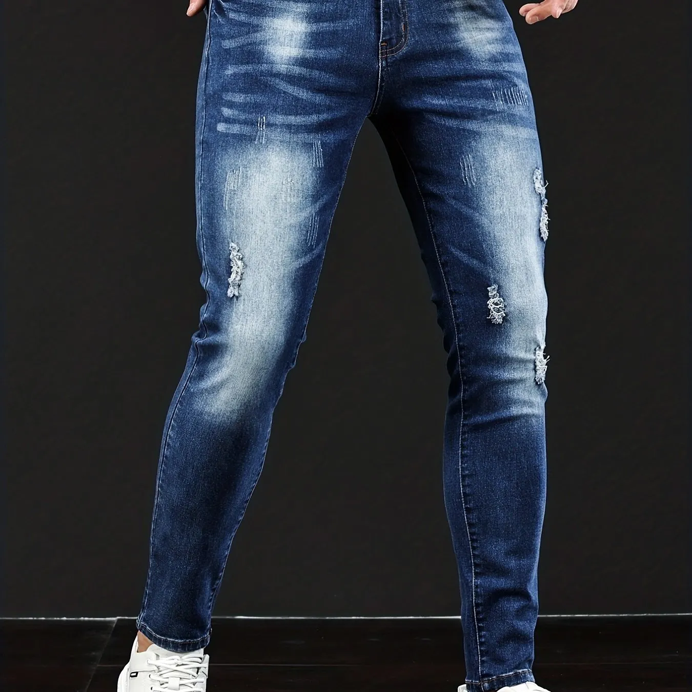 Maxct  Slim Fit Ripped Jeans, Men's Casual Street Style Distressed Medium Stretch Denim Pants