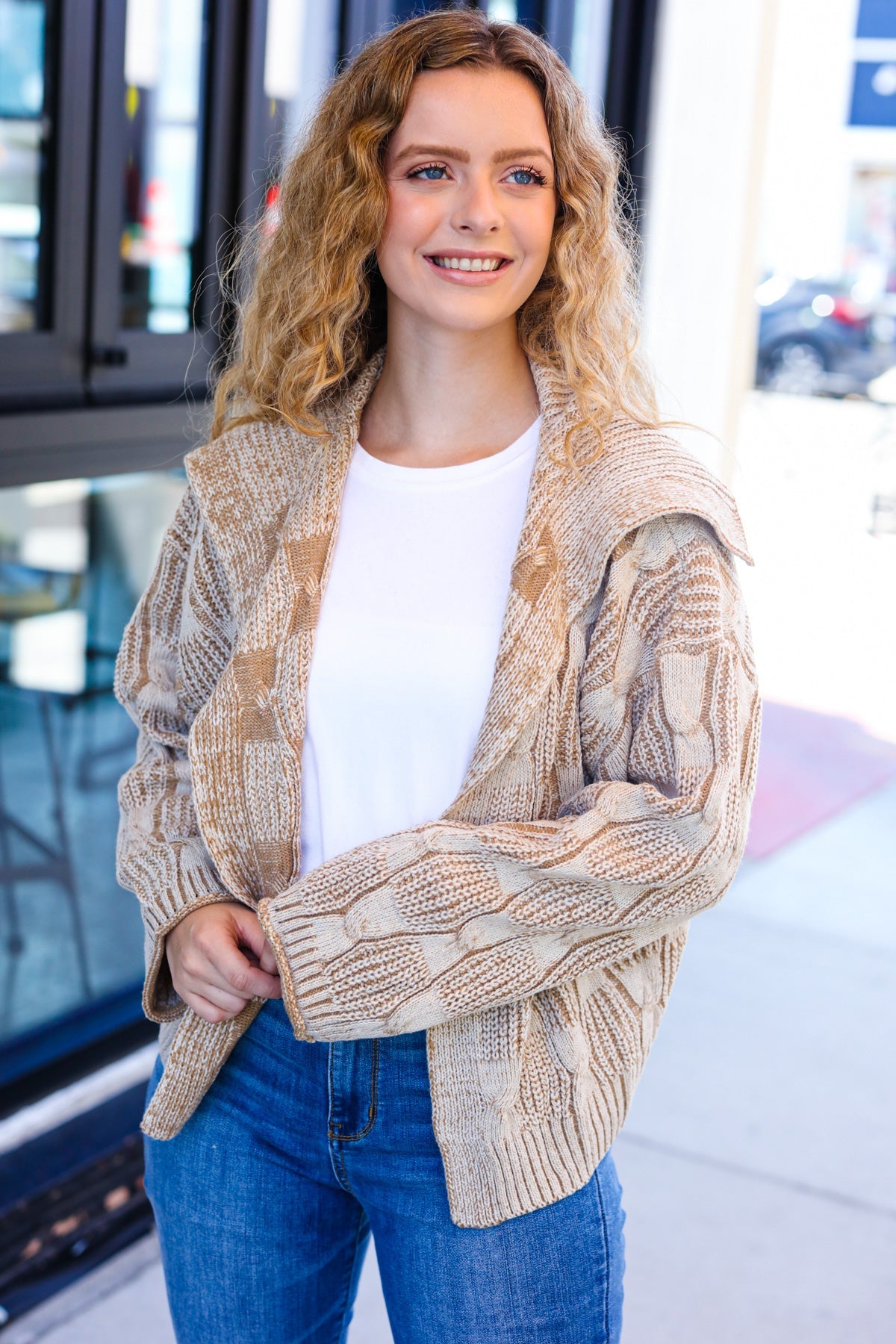 Maxct &Autumn Vibes Taupe Textured Cable Knit Collared Cardigan