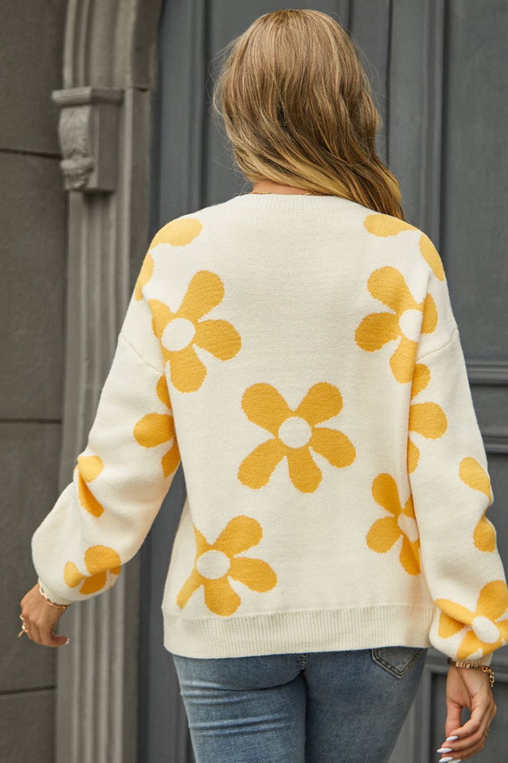 Maxct &Floral Print Round Neck Dropped Shoulder Pullover Sweater