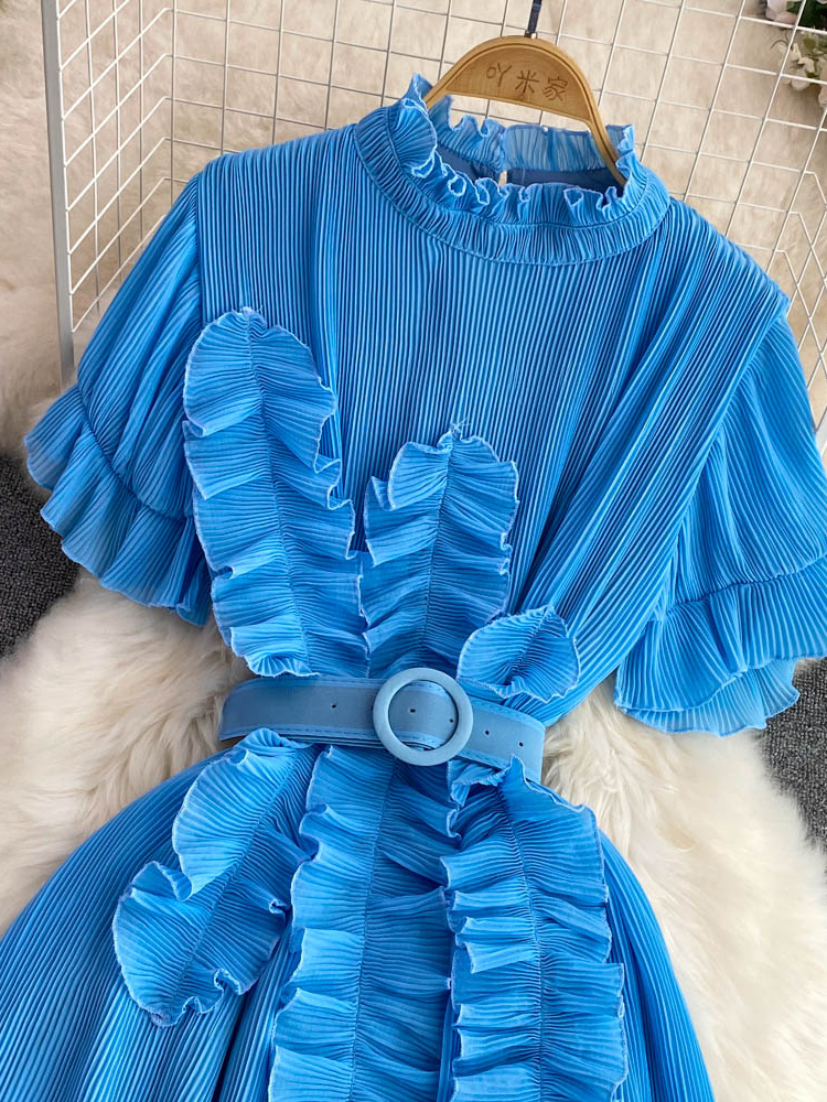 Women's Pleated Midi Dress Purple/Red/White Stand Collar Short Flare Sleeve High Waist A-Line Ruffle Party Vestidos Female
