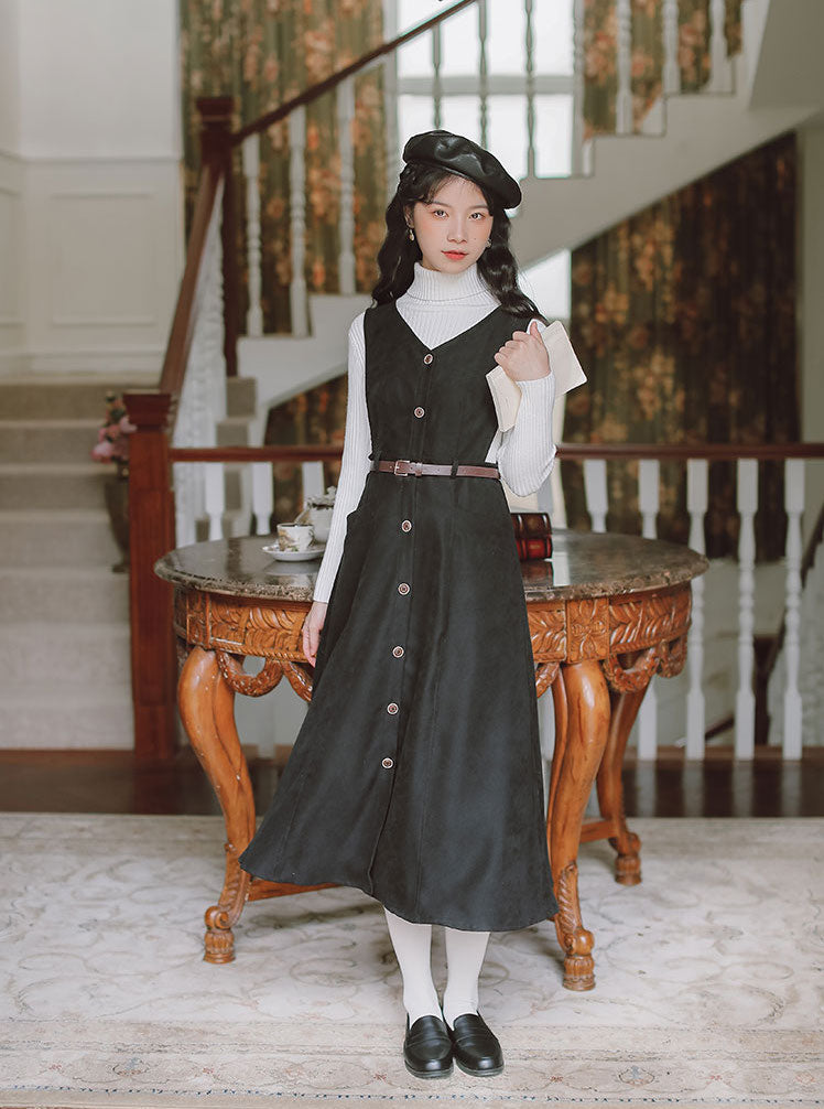 Button Up Suede Pinafore Dress Maxct