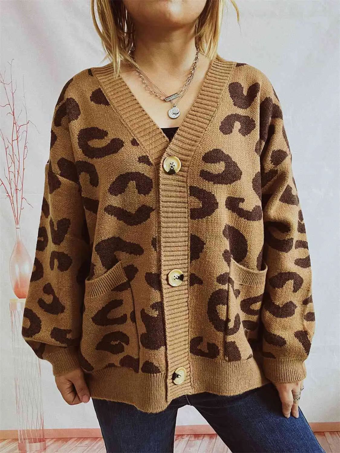 Maxct &Leopard Button Front Cardigan with Pockets