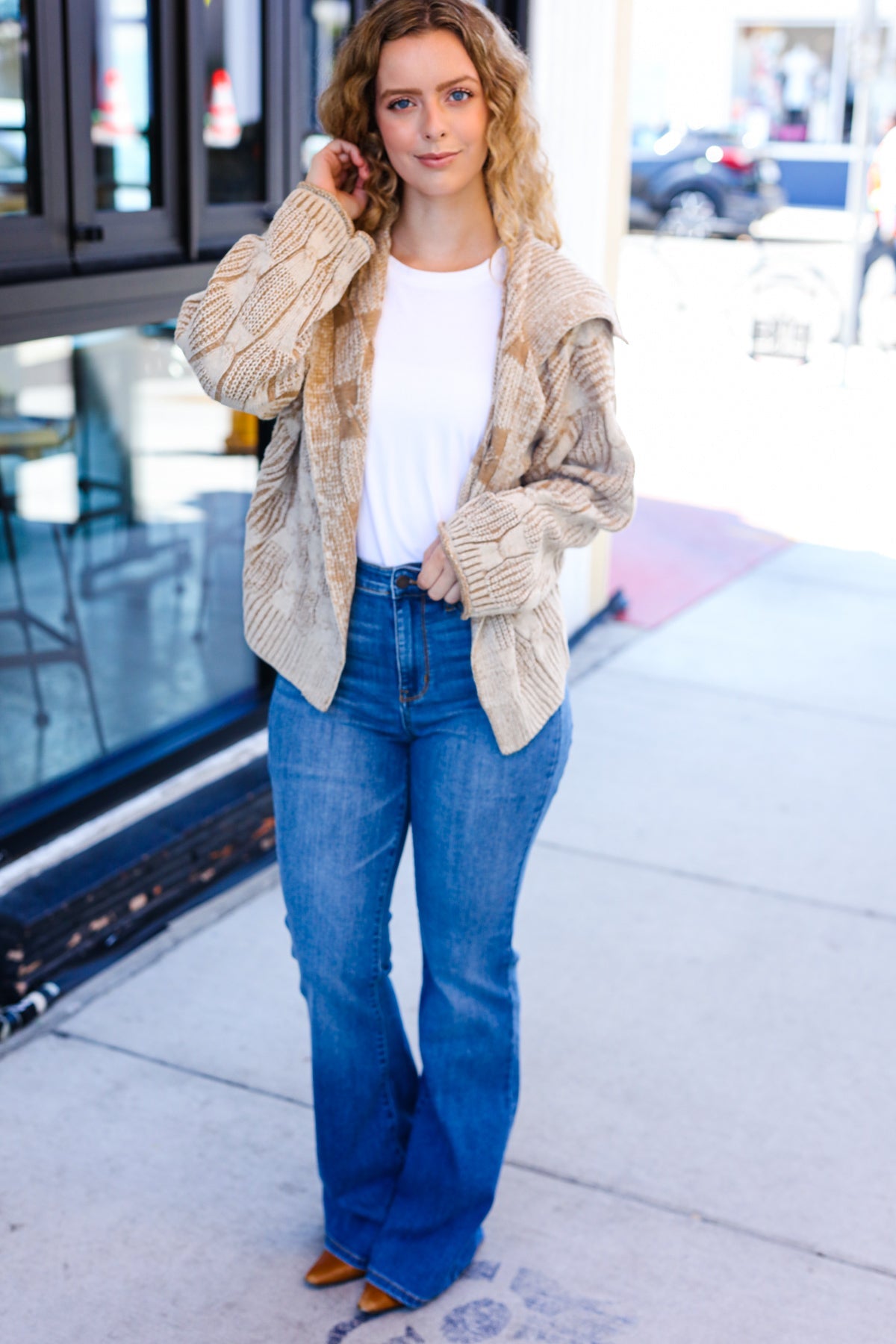 Maxct &Autumn Vibes Taupe Textured Cable Knit Collared Cardigan