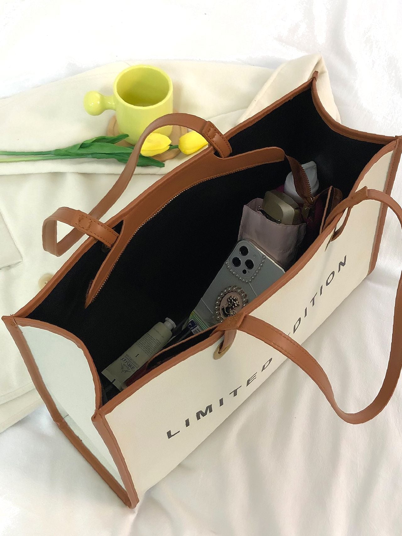 Maxct - Letter Graphic Contrast Binding Shopper Bag  - Women Tote Bags
