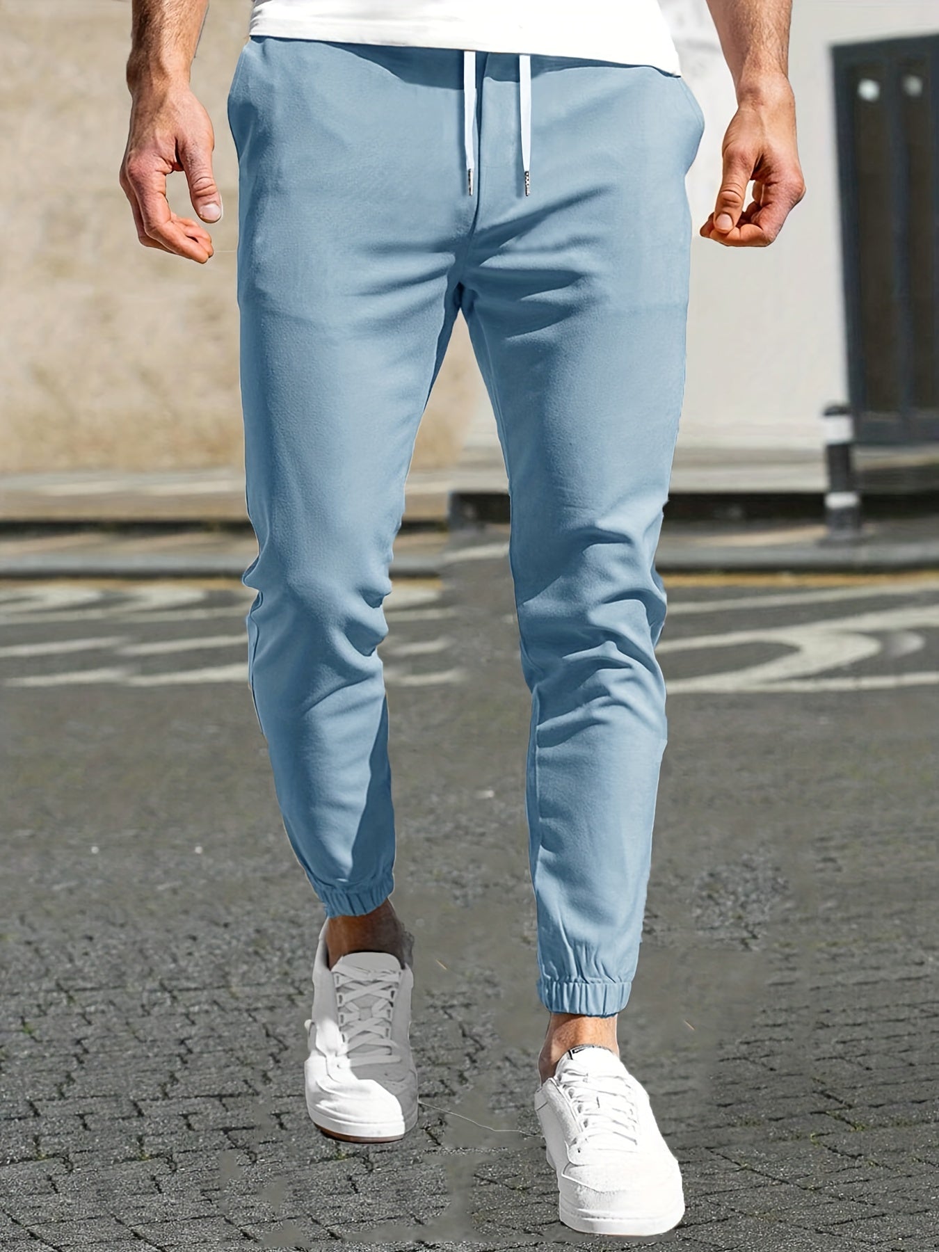 Maxct  Slim Pockets Classic  Trousers, Men's Casual Solid Color Lace-up Pants For Spring And Autumn