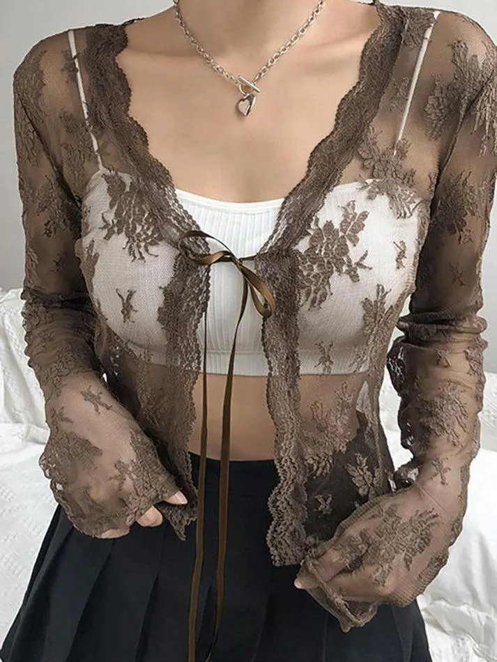 Maxct Open Front Lace Long Sleeve Crop Blouse