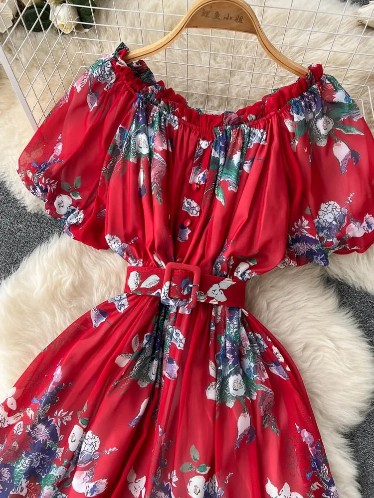 Bohemian Floral Chiffon Long Dress Women Sexy Off Shoulder Ruffle Puff Short Sleeve High Waist A-Line Big Swing Vestidos