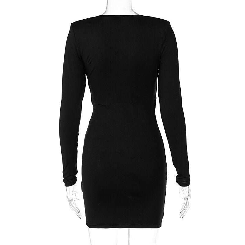 Voguable Long Sleeves V Neck Hollow Out Solid Mini Dress Outfit Y2K Streetwear Maxct