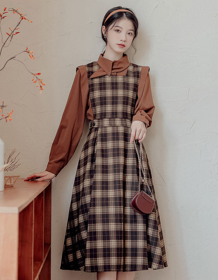 Crepe Plaid Pinafore Dress Set Maxct