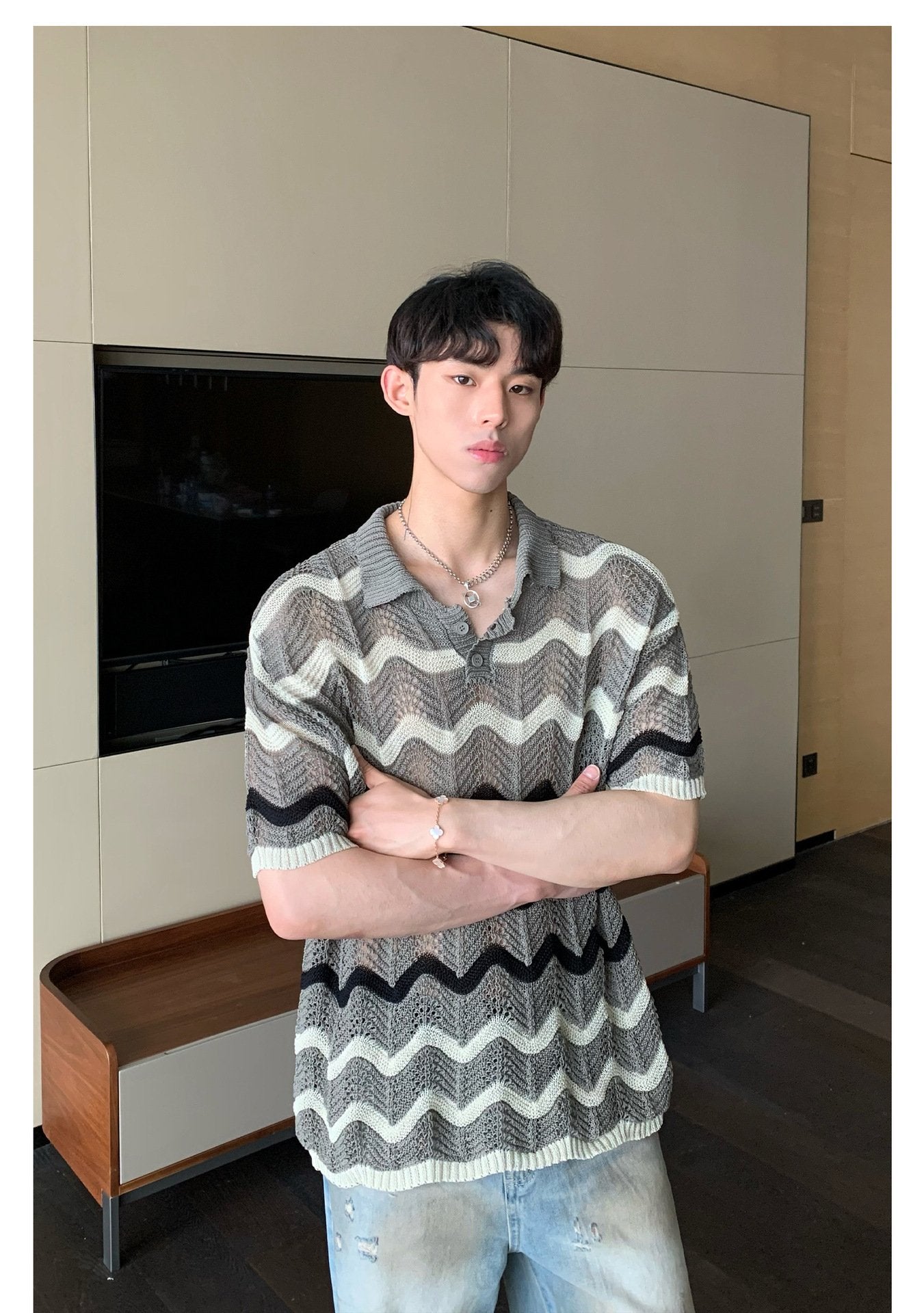 Maxct 90s Streetwear Korean Style Summer High-end Sense Hollow Color Stripe Lap Short-sleeved Niche Design POLO Shirt T-shirt Casual Top