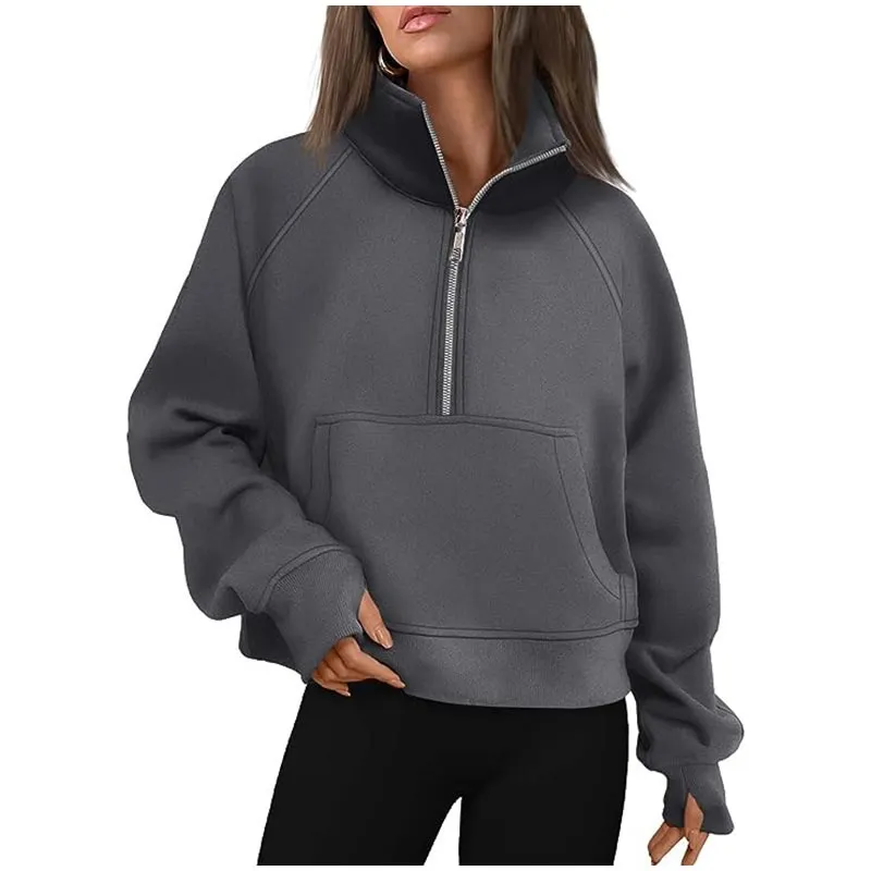 Casual Half Zipper Plush Hoodies Women Loose Solid Lapel Pockets Sweat Shirt Female Autumn Chic Warm Sports Yoga Outwear