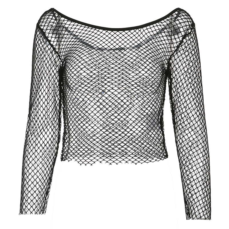 Harajuku Hollow Out See Through Crop Top Gothic Fishnet Mesh T-Shirts Grunge Mall Goth Women Summer Beach Cover-ups