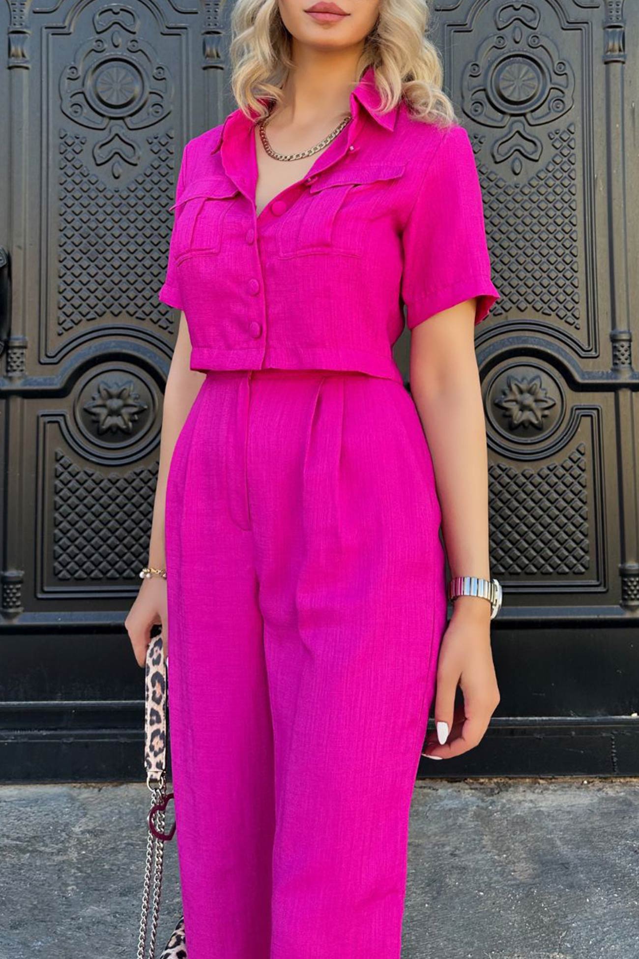 Maxct Solid Crop Blouse Long Pants Set