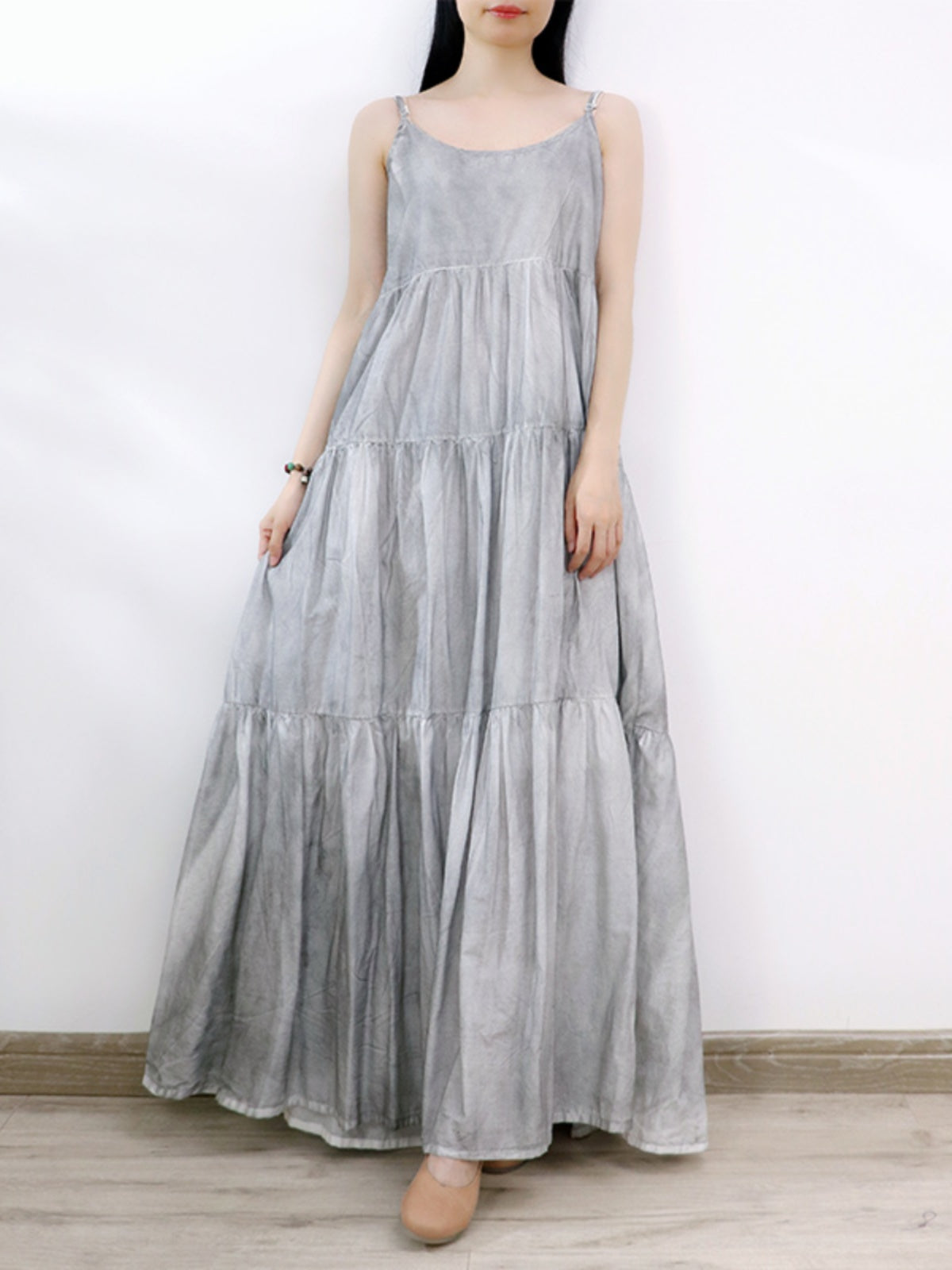 Maxct Summer Gray Tie-Dye Spaghetti Strap Wide Hemline Dress
