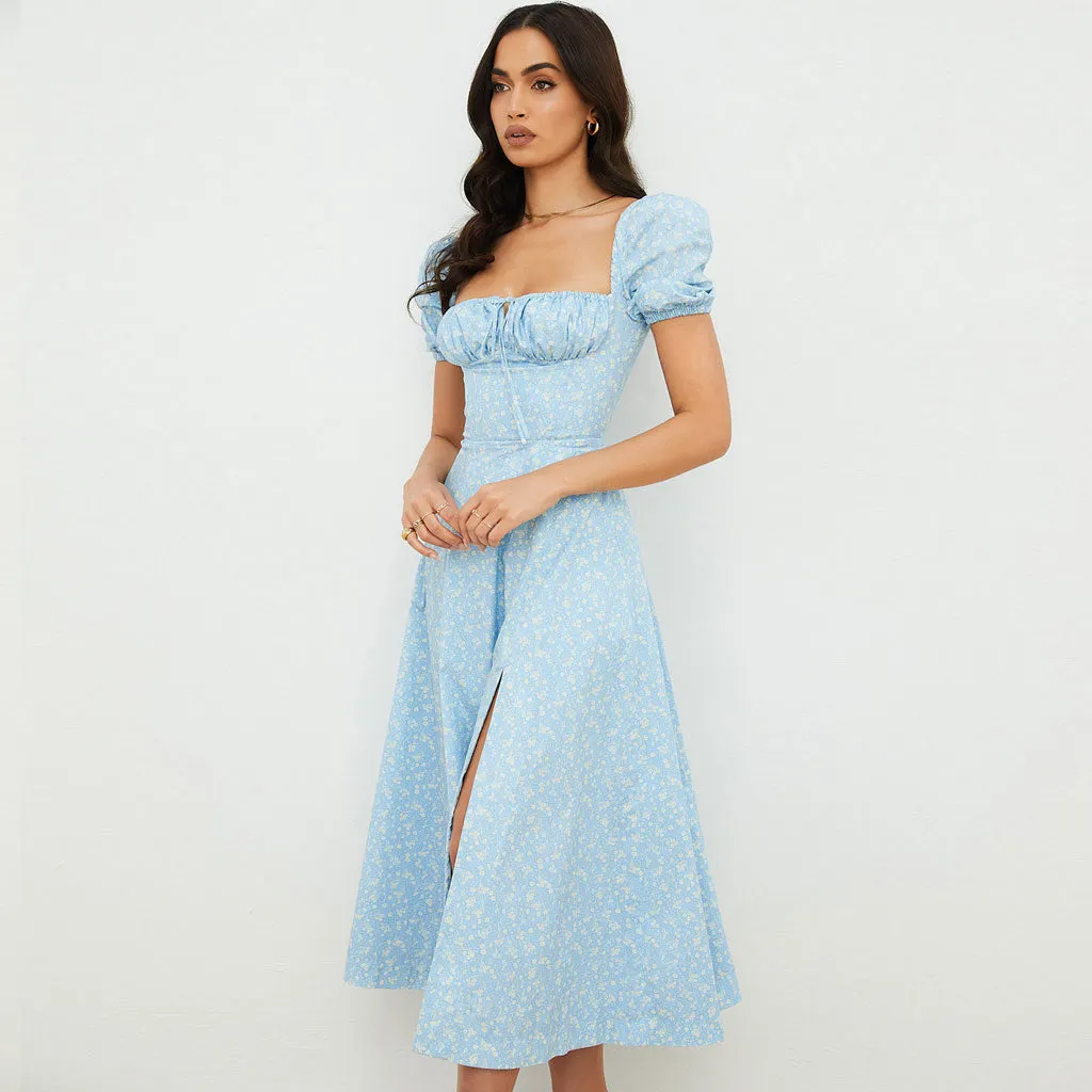 Daisy Printed Puff Sleeve High Slit Smock Maxi Sundress - Sky Blue Maxct