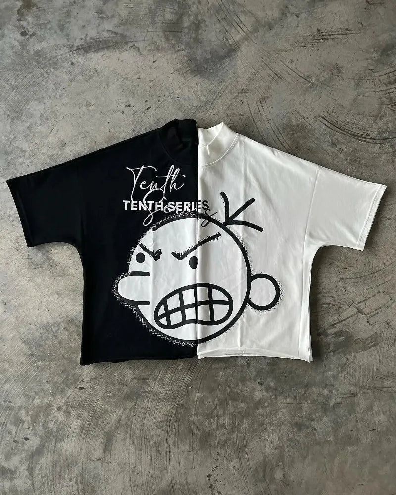 Maxct American Gothic Super Cool Smiley Letter Print Oversized T-Shirt Men's Fashion Harajuku Loose Round Neck Short Sleeve Top
