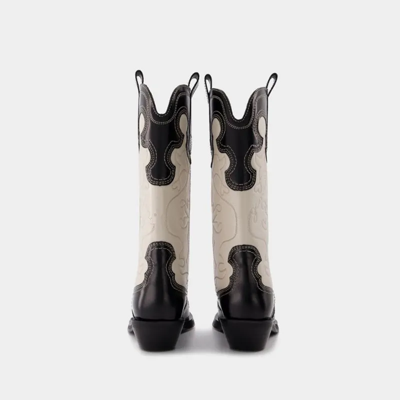 Womens Contrasting Embroidery Western Boots Mid Calf Cowboy Boots Maxct