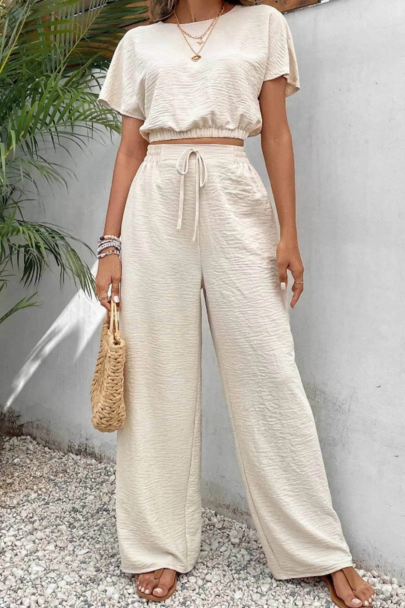 Maxct Batwing Sleeve Drawstring Straight Long Pants Set