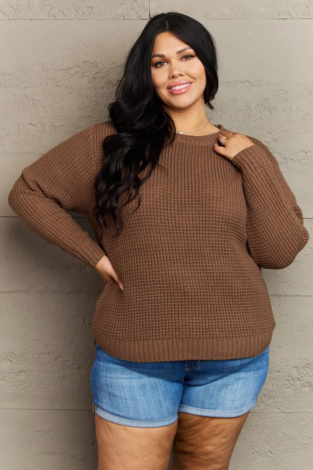 Maxct &Zenana Breezy Days Plus Size High Low Waffle Knit Sweater