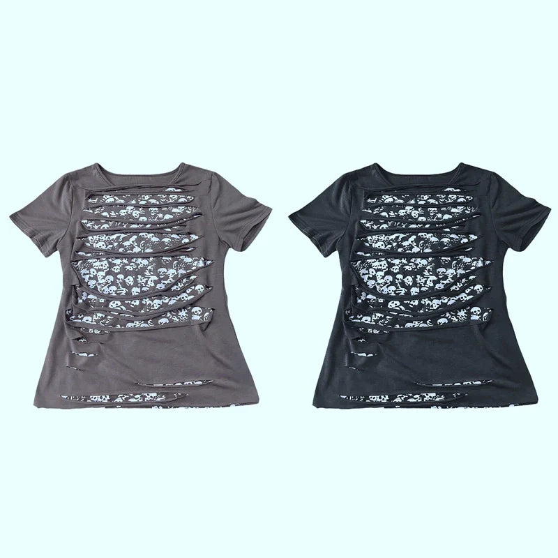 Maxct Punk Style Hip Hop Crop Top Harajuku Skeleton Graphic T-shirt Gothic Grunge Hollow Out Tees Women Vintage Clothes