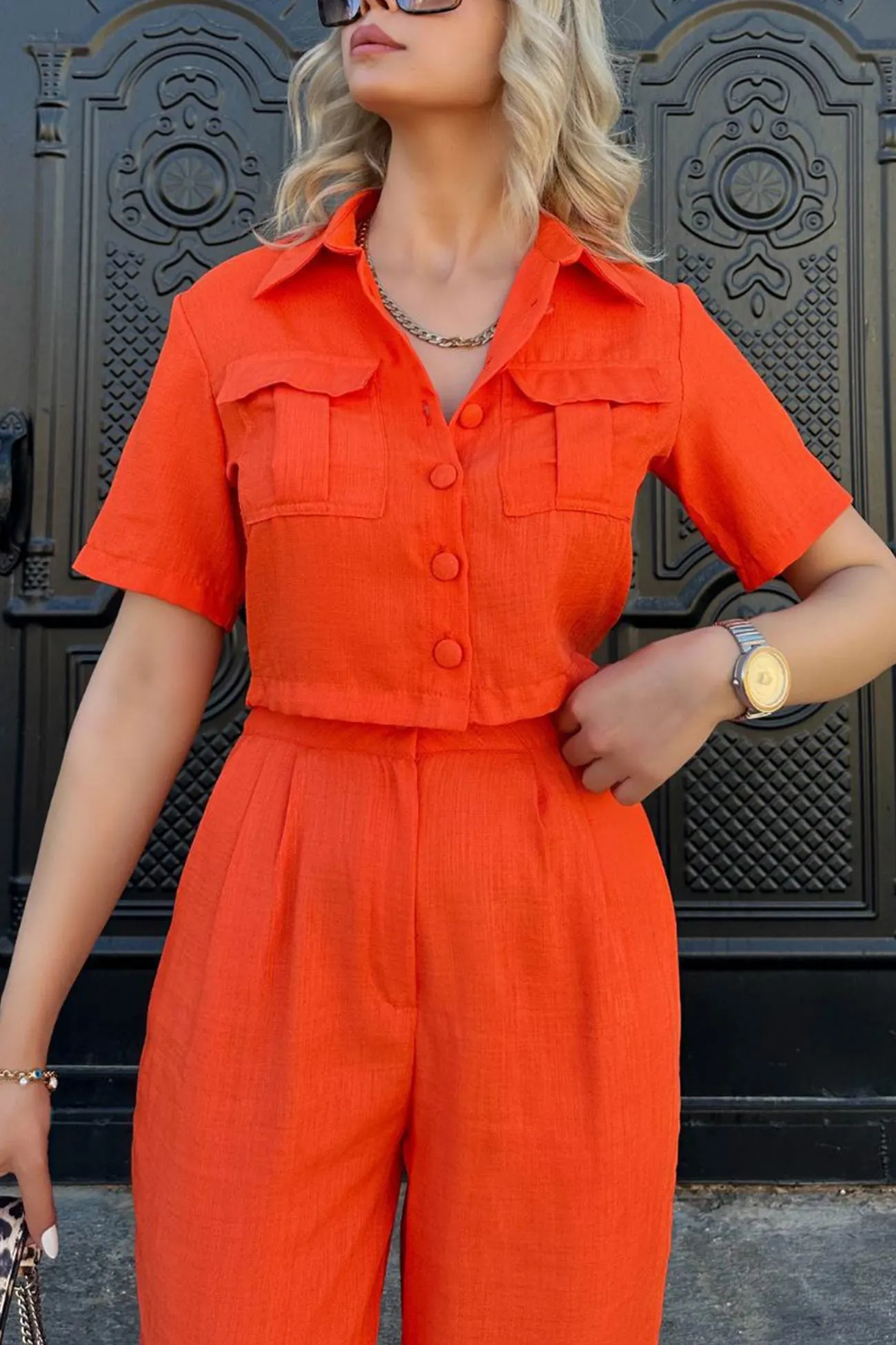 Maxct Solid Crop Blouse Long Pants Set
