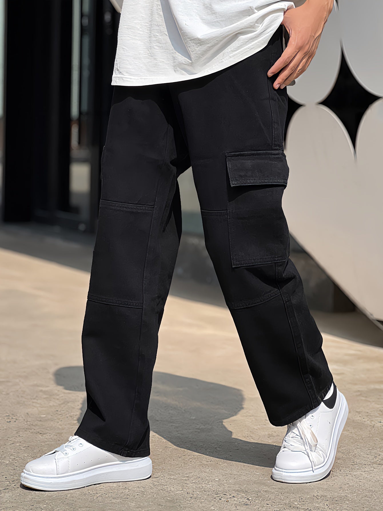 Maxct  Loose Cotton Blend Men's Solid Wide Leg Pants, Men's Casual Denim Pants, All Seasons