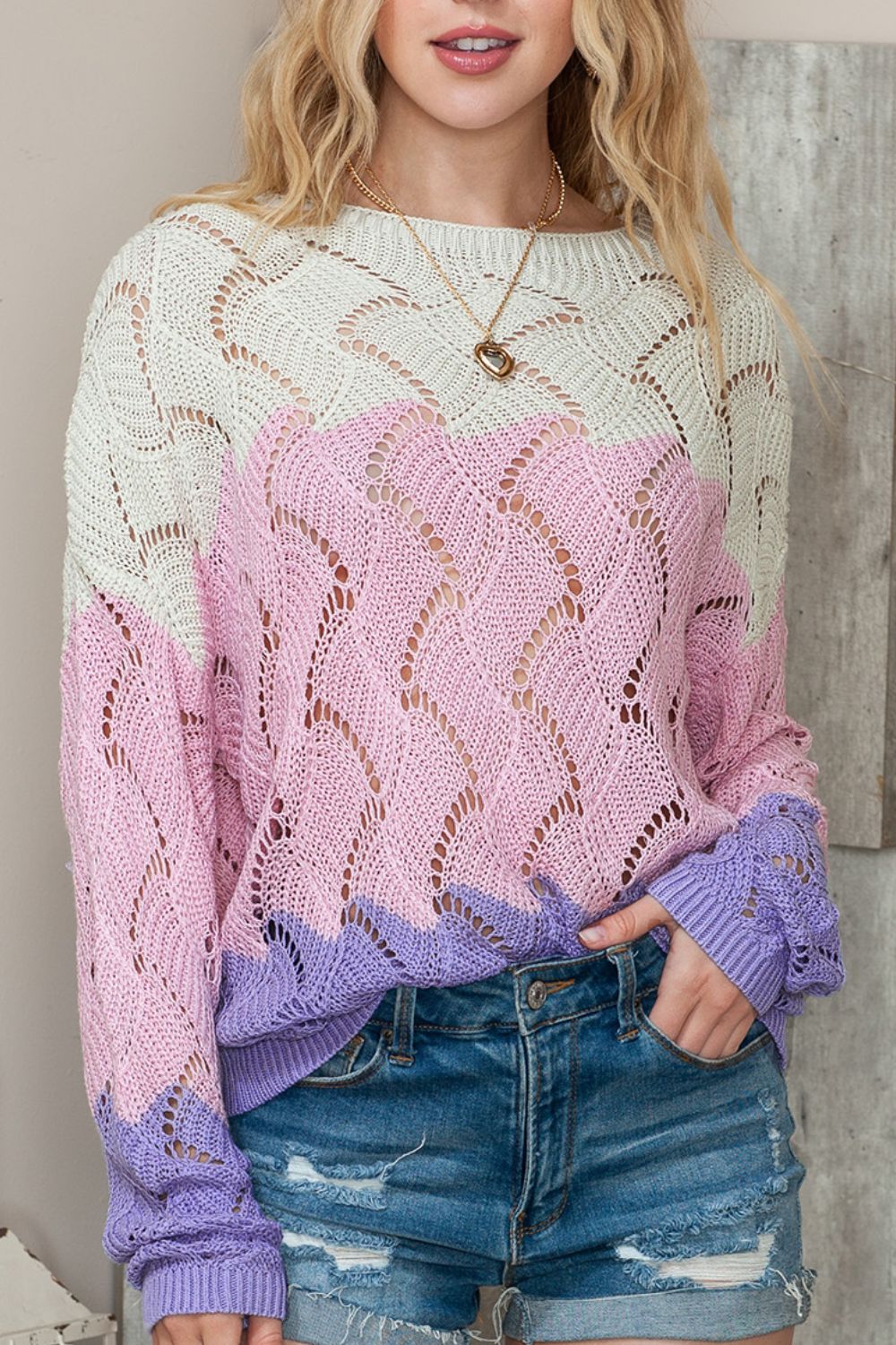 Maxct &Color Block Hollow Boat Neck Sweater