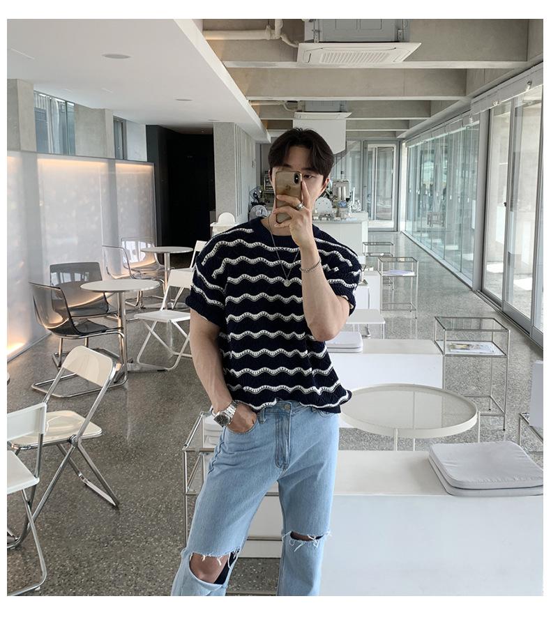 Maxct 90s Streetwear Men's T-shirt Short-sleeved Summer Trendy Brand High-grade Sense Heavy Industry Hollow Knitted Sweater Jacquard Wave Striped T-shirt Top