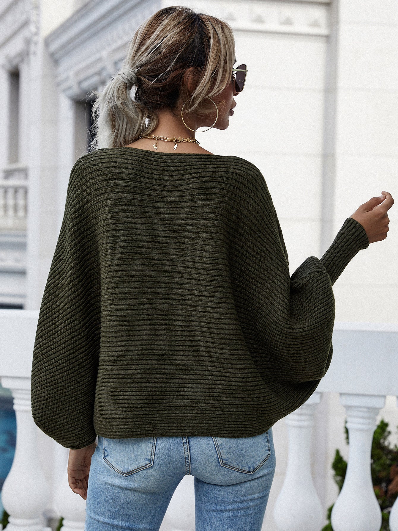 Maxct &Woven Right Horizontal Ribbing Dolman Sleeve Sweater