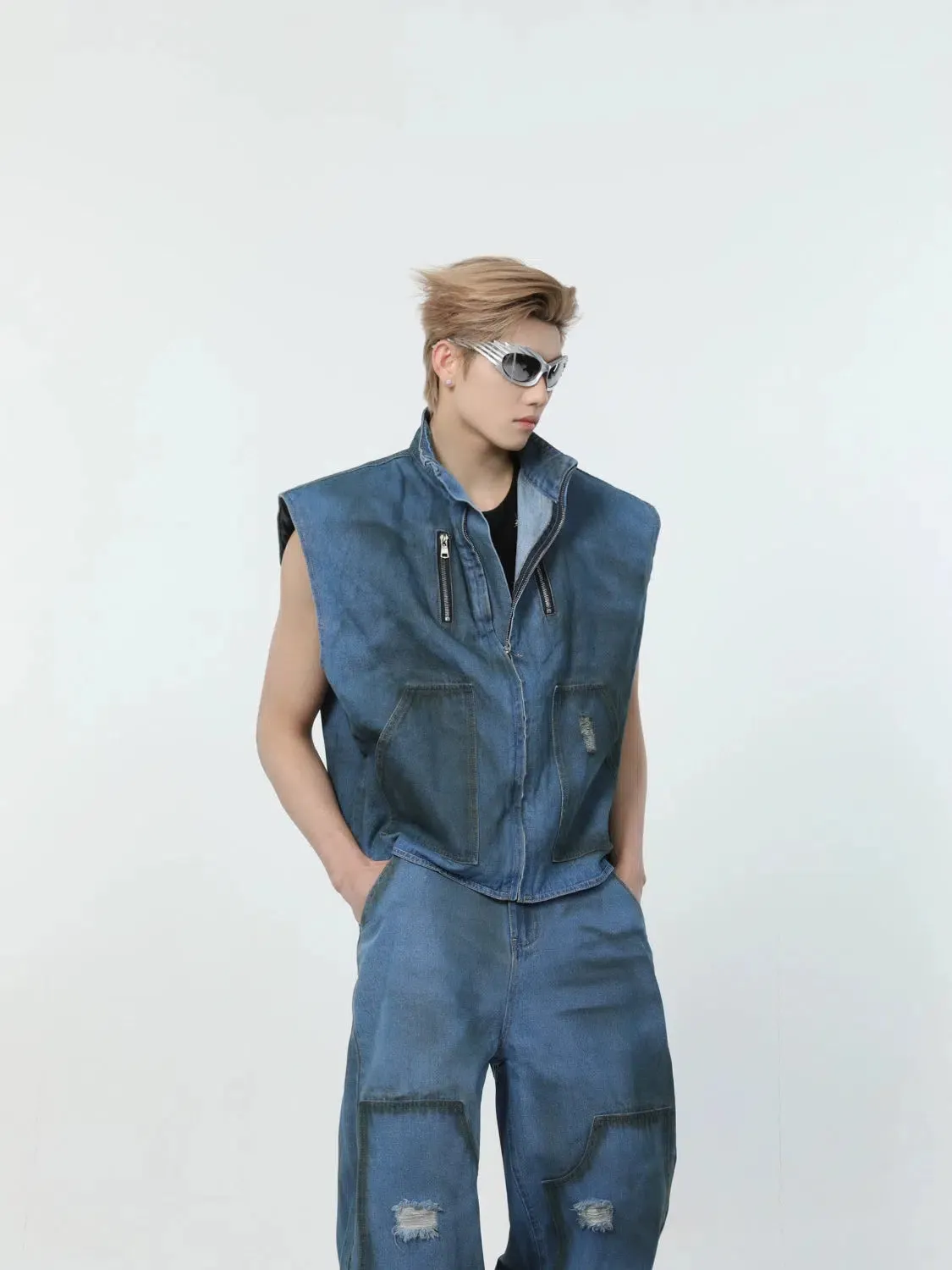 Maxct Washed Blue Sleeveless Jacket & Wide-leg Jeans