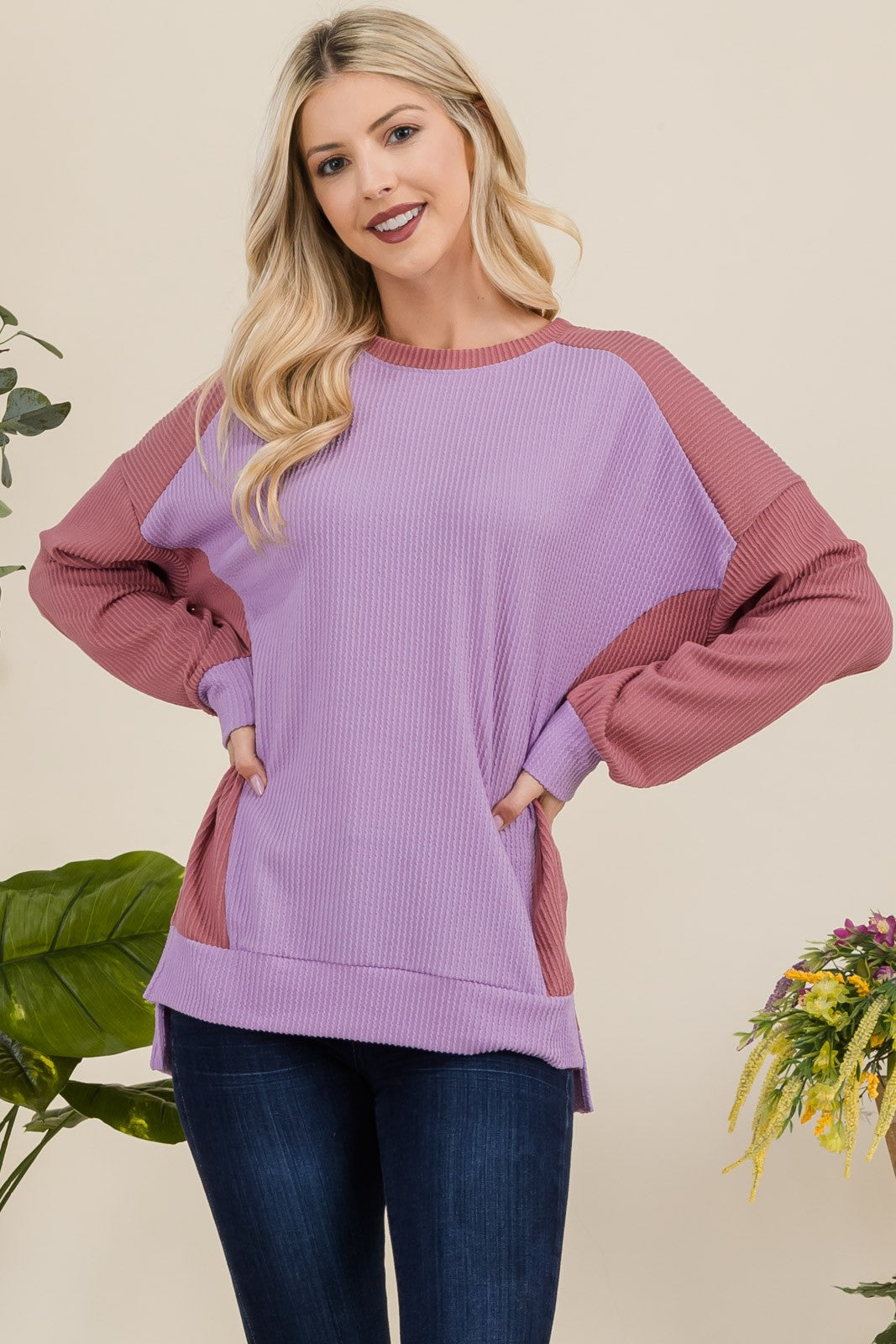 Maxct &Celeste Full Size High-Low Contrast Round Neck Sweatshirt