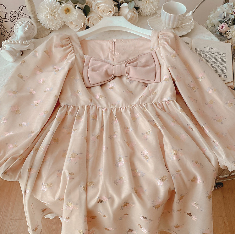 Puff Sleeve Bow Floral Jacquard Dress Maxct