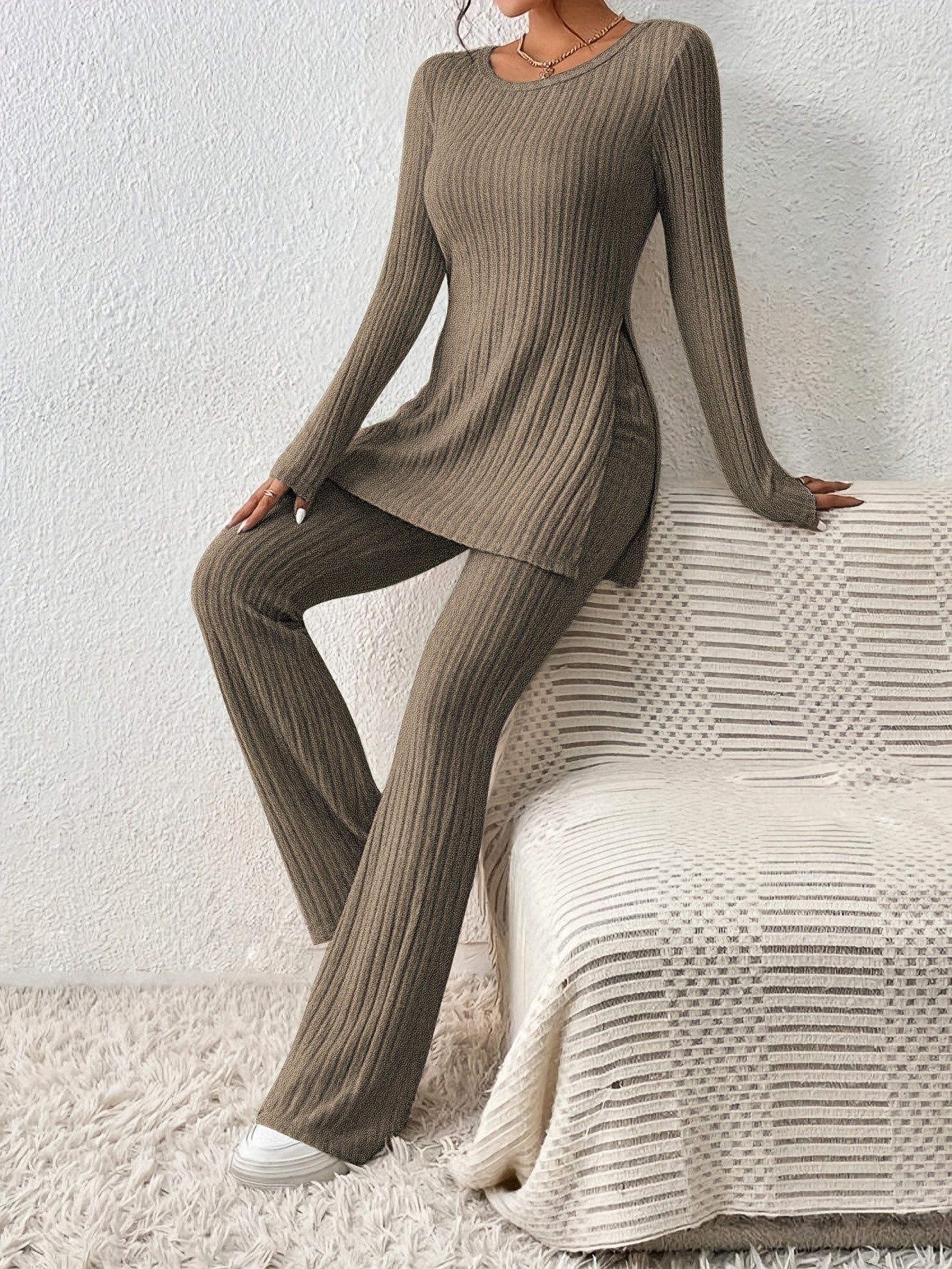 Solid Textured Two-piece Set, Long Sleeve Slit Long Length Top & Skinny Pants Outfits, Women's Clothing