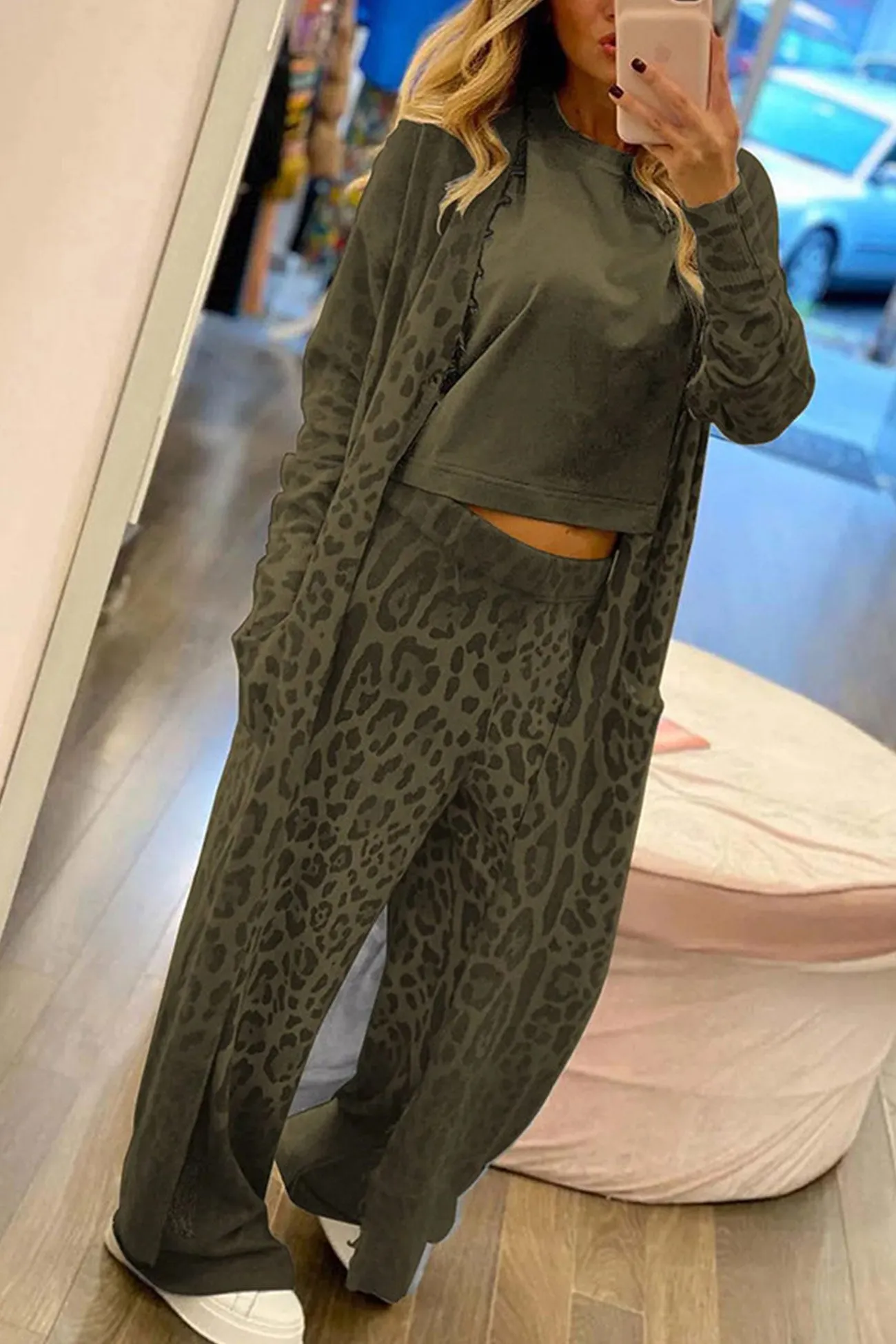 Maxct Leopard Print Long Cardigan Two-piece Pants Suits