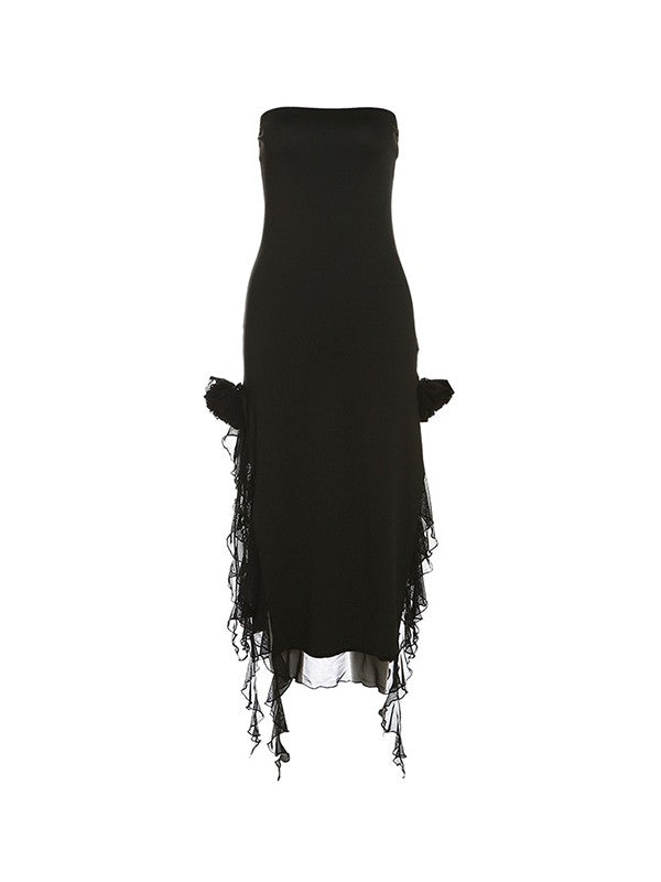 Split Ruffle Mesh Bandeau Maxi Dress Maxct