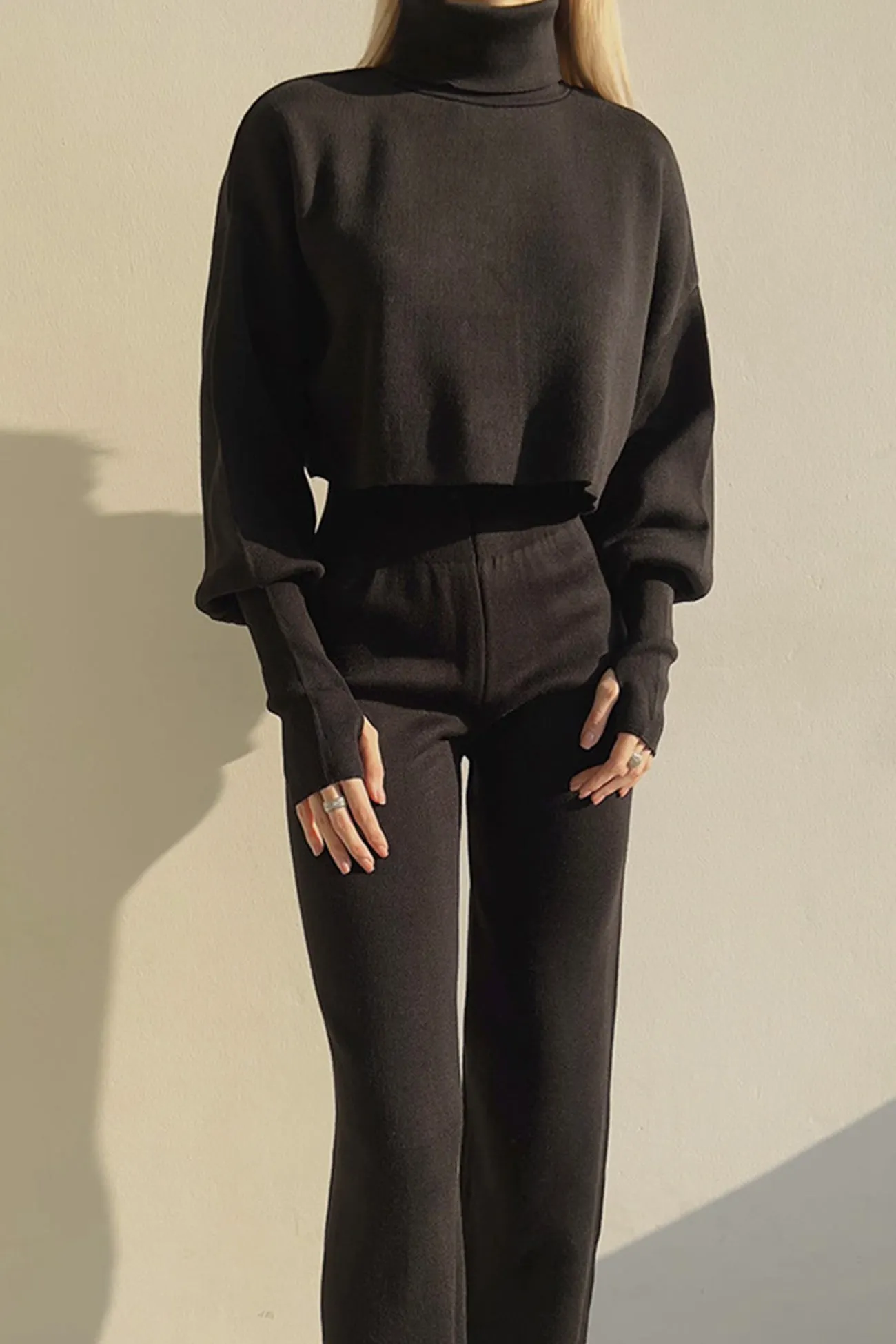 Maxct Solid High Neck Crop Top Long Pants Set
