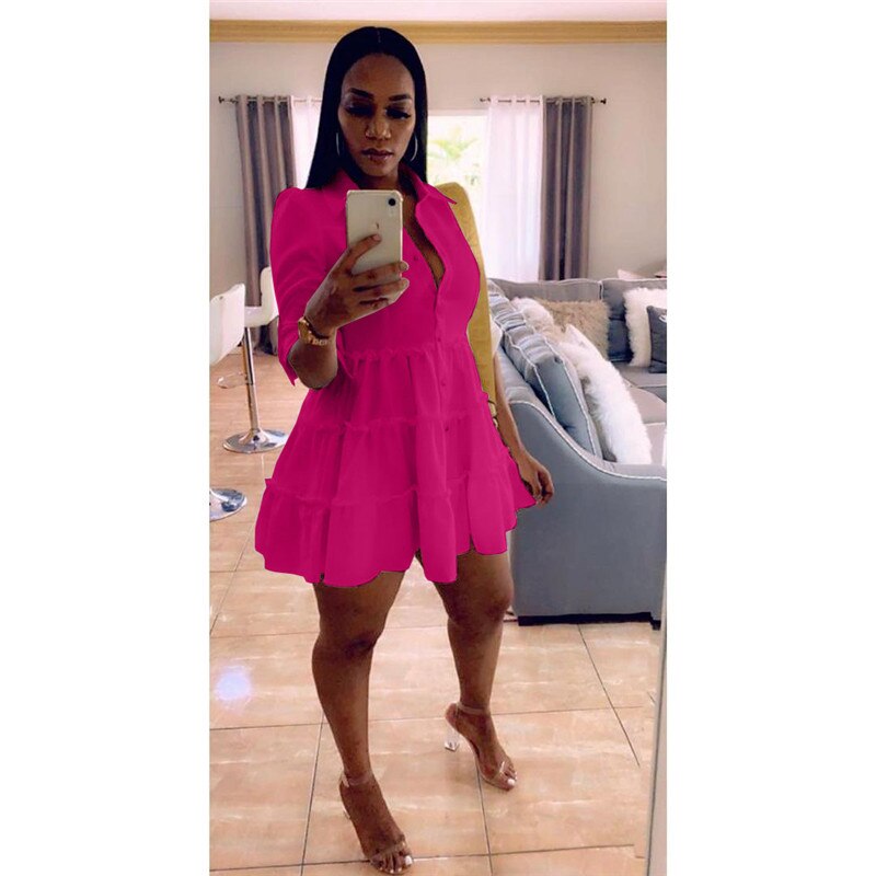 Solid Ruffles Shirt Dress Women Streetwear Half Sleeve Buttons Up High Waist Mini Dress Summer Casual Party Dresses