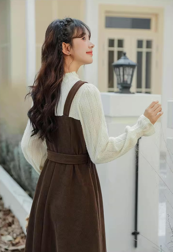 Corduroy Knit Belted Twofer Midi Dress Maxct