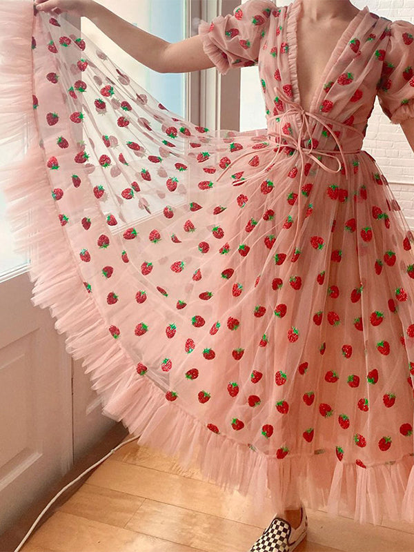 Sequined Strawberry Mesh Pleated Maxi Dress Maxct