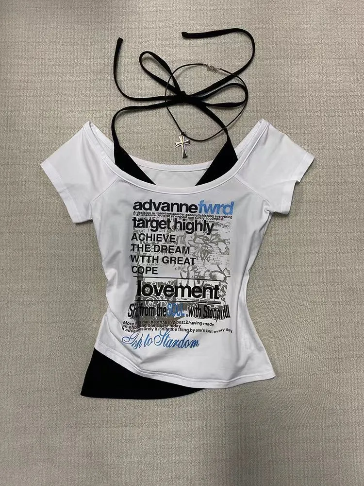 American Retro Y2K Fake Two Letter Printed T-Shirt Women Fashion Streetwear Hot Girls Slim Sexy Harajuku Millennium Casual Top