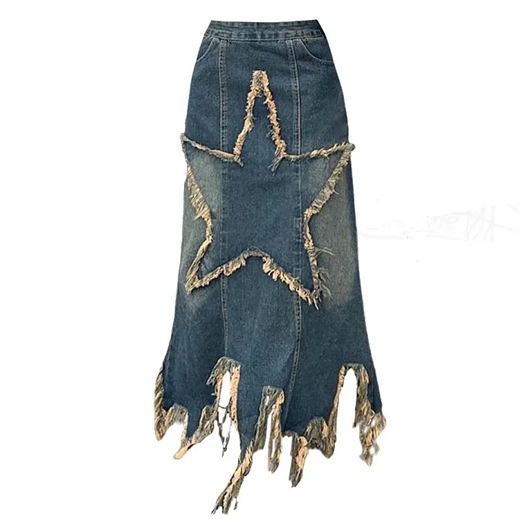 Aesthetic Star Long Denim Skirt Maxct