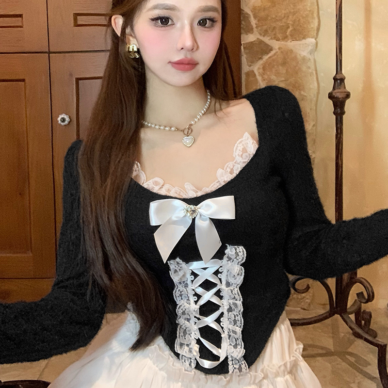 Maxct Women's Elegant Long Sleeve Crop Tops Bowknot Lace Patchwork Sweetheart Neckline Spring Fall Casual Slim Fit T-Shirts