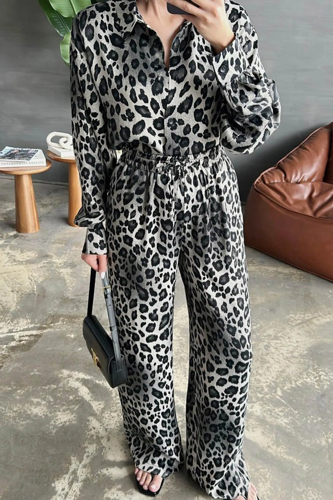 Maxct Leopard Print Long Sleeve Blouse Set
