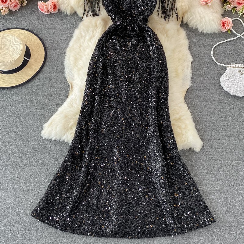 Sequins Party Maxi Dress For Women Sexy V-Neck Short Sleeve High Waist Tassel Long Robe Female Elegant Vestidos