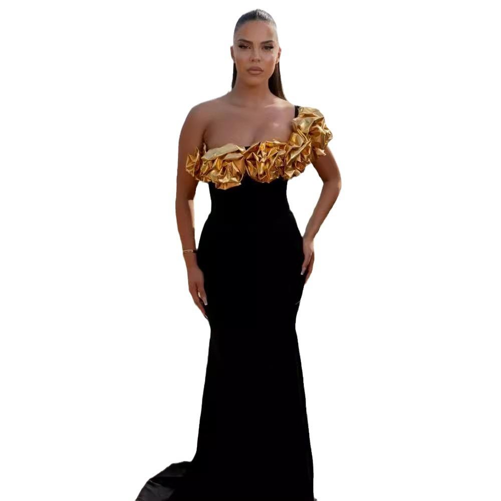 Maxct Cross Border Women Bandage Dress Evening Dress Golden Flower Slant Shoulder Dress High Purple Banquet Bandage Dress
