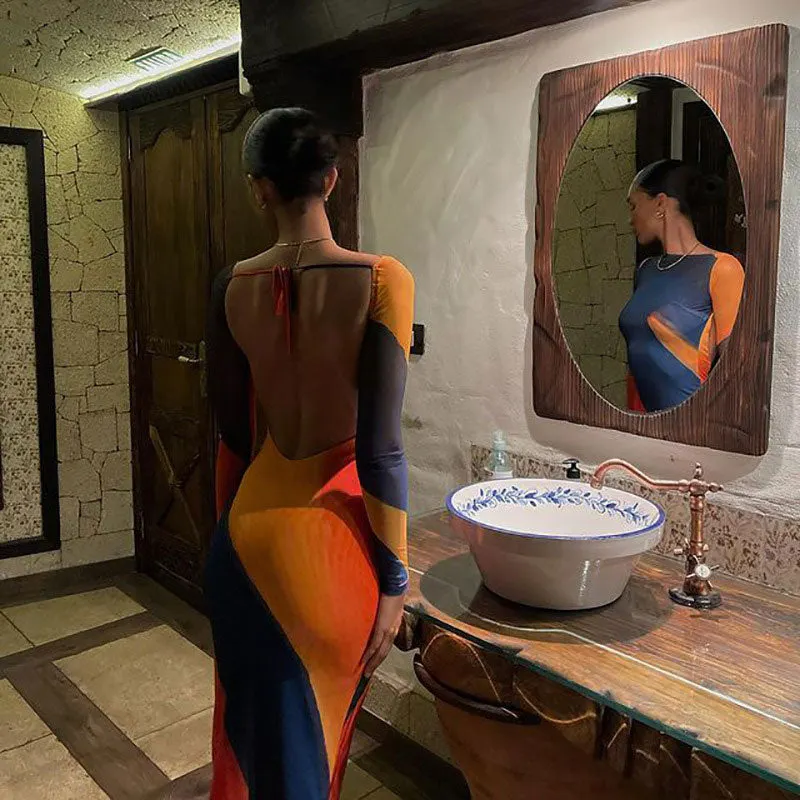 Abstract Boat Neck Long Sleeve Fishtail Maxi Dress - Multicolor Maxct