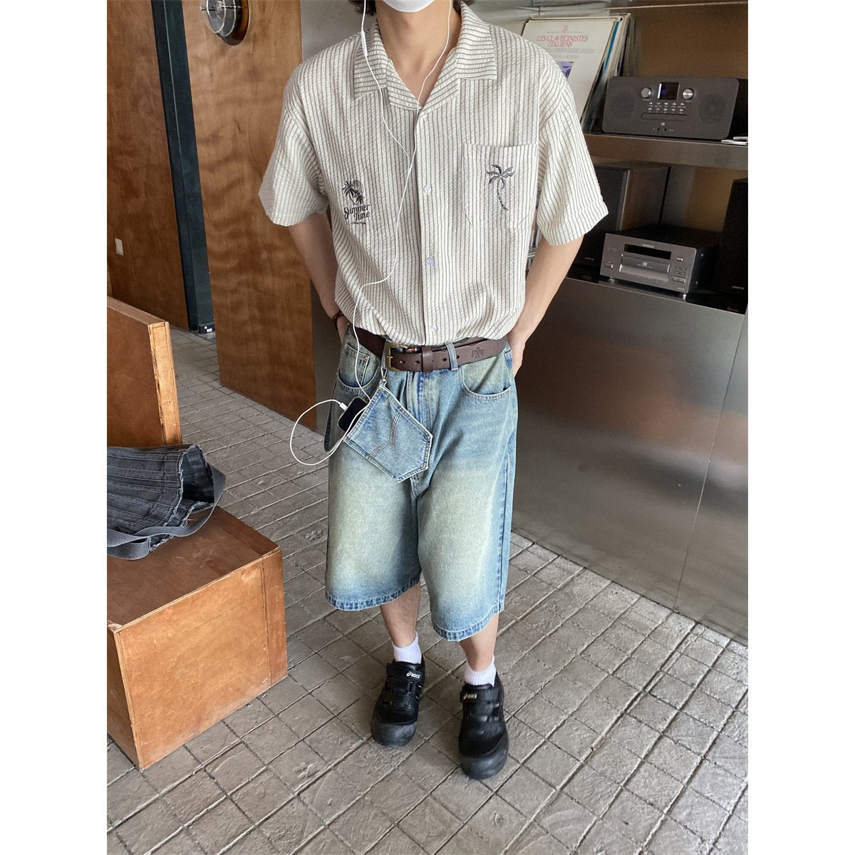Maxct 90s Streetwear American Style Retro Coconut Tree Embroidered Cuban Collar Striped Short Sleeve Shirt Men's Summer New Lapel Loose Casual Shirt