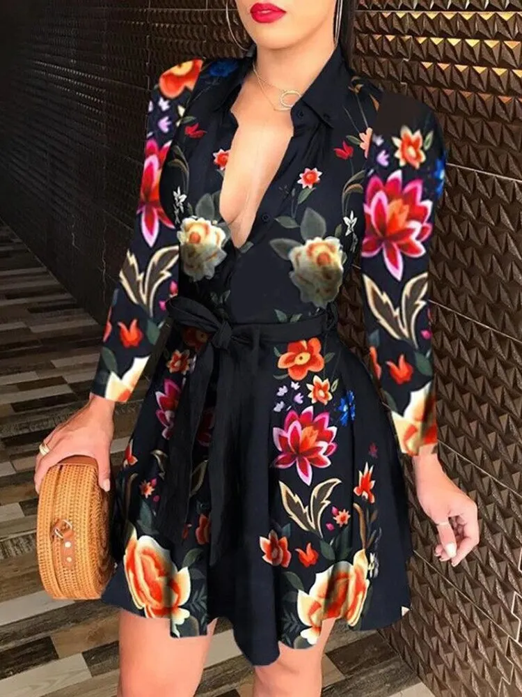 Maxct Women Printed Long Sleeve Dress Casual Bandage Mini A-line Dresses Sexy Party Summer Feminias Vestidos Women Clothes