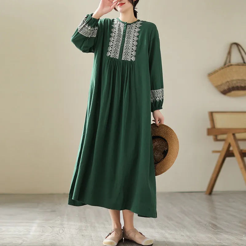 Loose Round Neck Embroidered Long Sleeves Midi Dresses